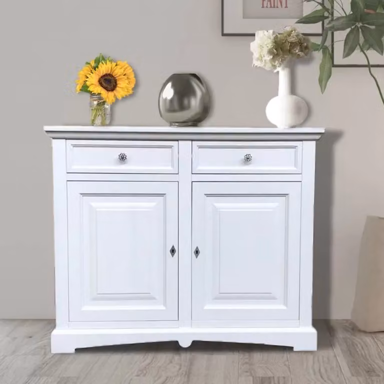 Credenza shabby chic in legno bianco opaco Mobili 2G L: 117 cm, P: 46 cm, H: 96 cm