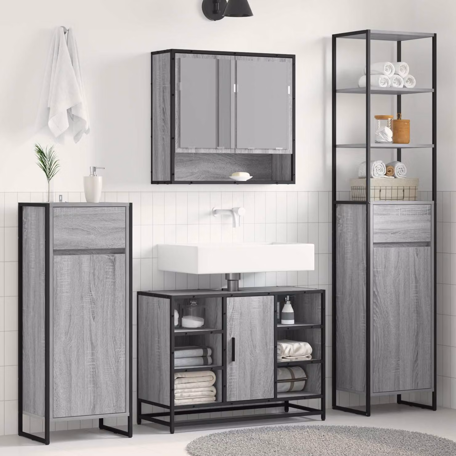 Mobile da bagno industriale vidaXL in legno e metallo, Grigio, L: 40 cm, P: 30 cm, H: 180 cm