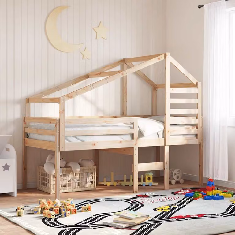 Letto a soppalco con tetto in legno di pino vidaXL per bambini, colore marrone, L/P/H: 200 x 80 x 151 cm