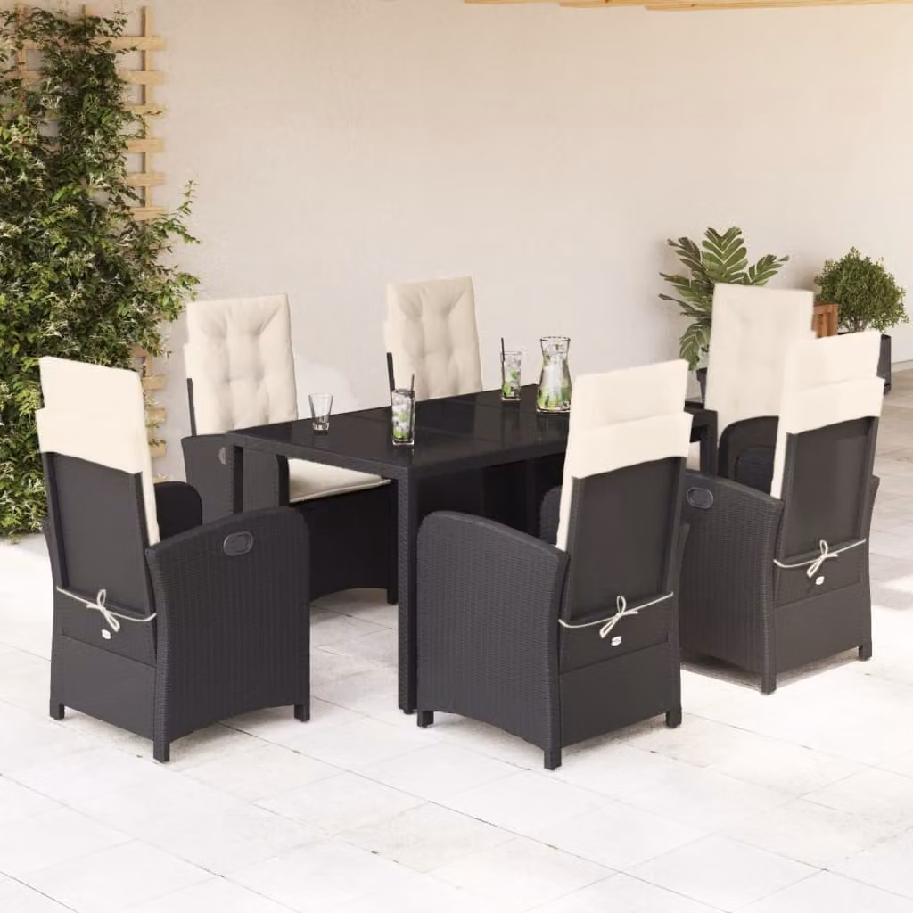 Set da Pranzo da Giardino vidaXL 7 pz in Polyrattan Nero con Cuscini e Tavolo in Vetro – 1