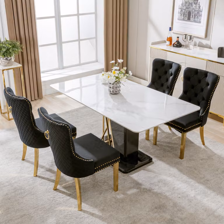 Sedia da pranzo Okwish, set di 4 pezzi, con maniglie circolari uniche sul retro, in velluto, nero/oro (4 pezzi)