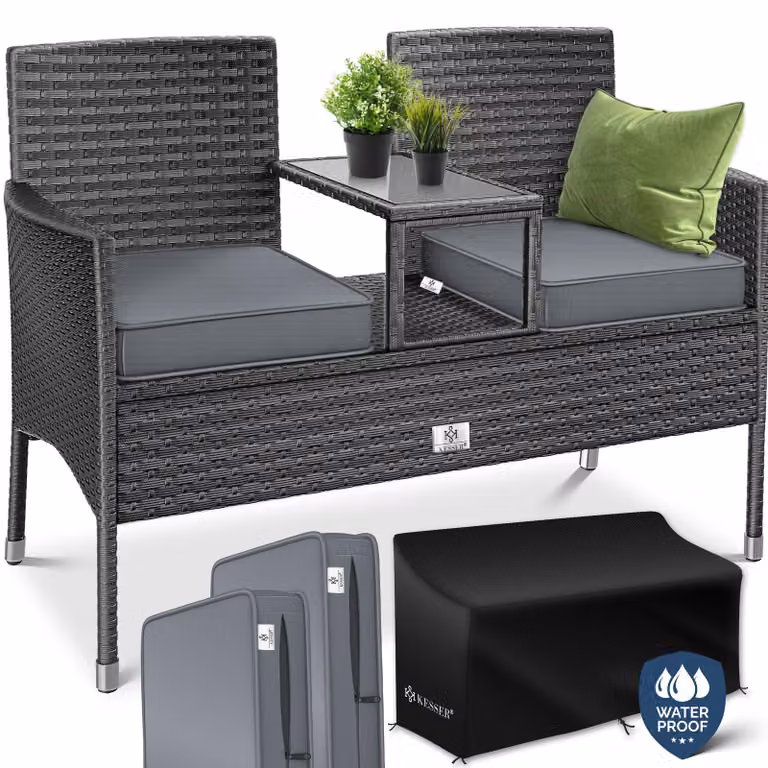 KESSER® Panca da giardino in rattan sintetico, 2 posti, 133x55x84 cm, resistente alle intemperie, inclusa tavolo e cuscini