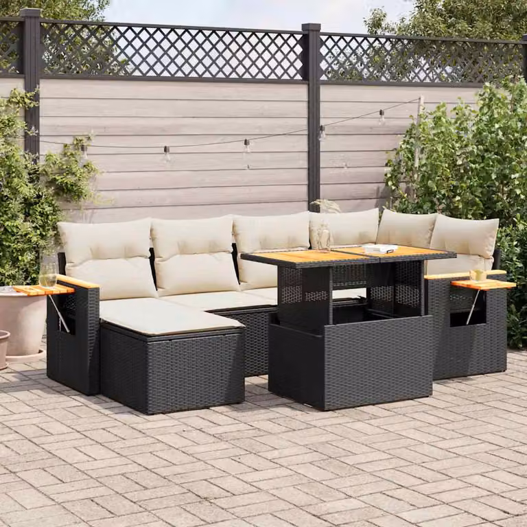 Set Divano da Giardino a L vidaXL in Polyrattan e Legno di Acacia con 7 Cuscini Bianchi e Nero