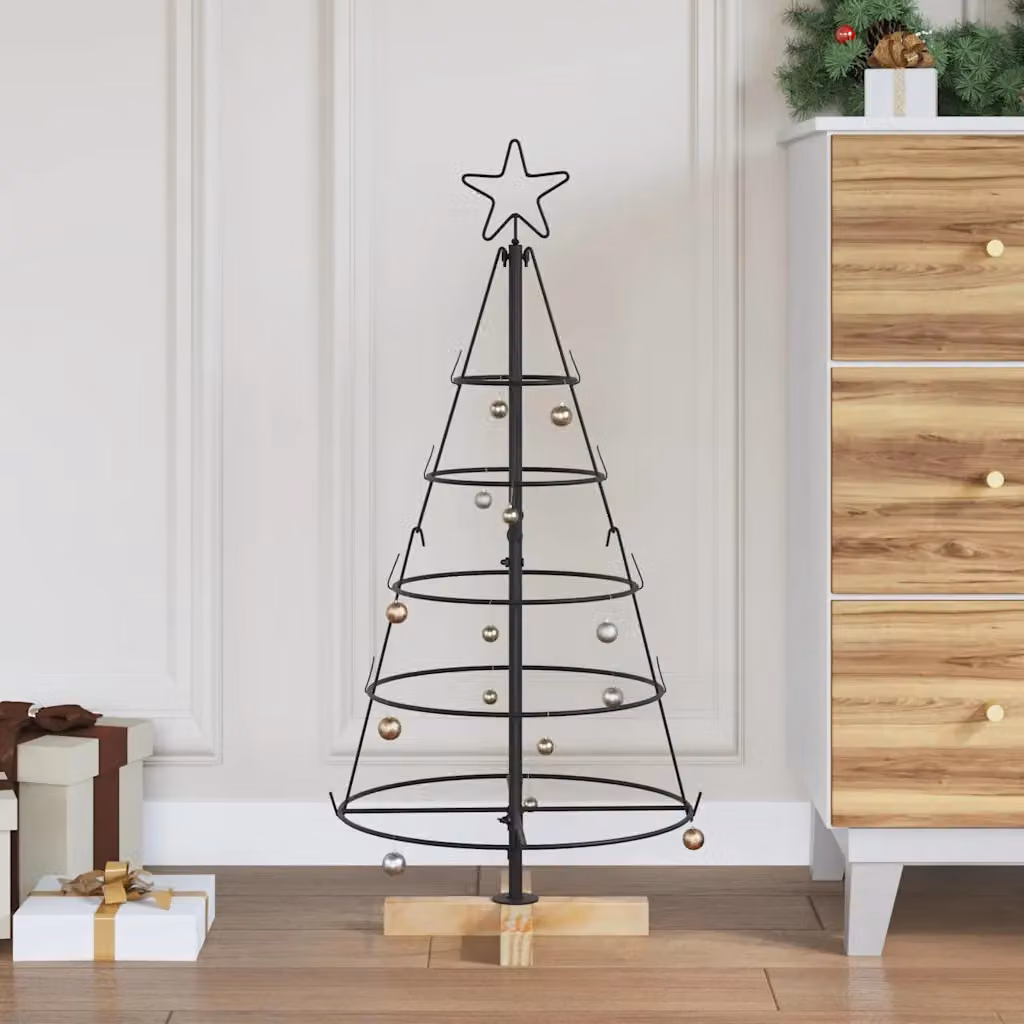 Albero di Natale a cono vidaXL con supporto in metallo e legno, colore nero, Altezza: 90 cm