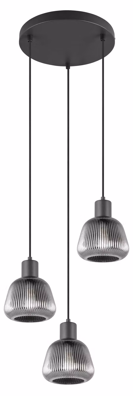 Lampada a sospensione a 3 luci, struttura in metallo nero, vetro cromato, larghezza 90 cm