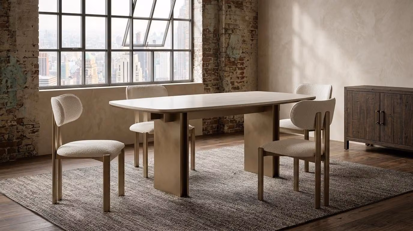 Set per sala da pranzo: tavolo da pranzo e 4 sedie, design moderno, colore beige, elegante, versatile, di alta qualità