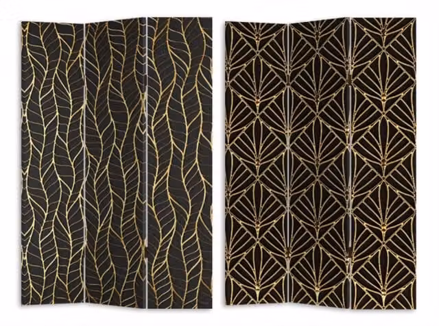 Paravento Vacchetti a 3 ante con stampa abstract nero e decori oro in legno L: 120,6 cm, P: 2,5 cm, H: 180 cm