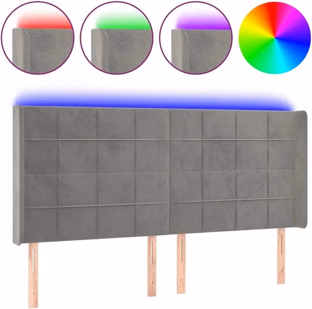 Testata del letto con illuminazione LED e porta di ricarica USB in velluto grigio chiaro L: 183 cm, P: 16 cm, H: 118/128 cm