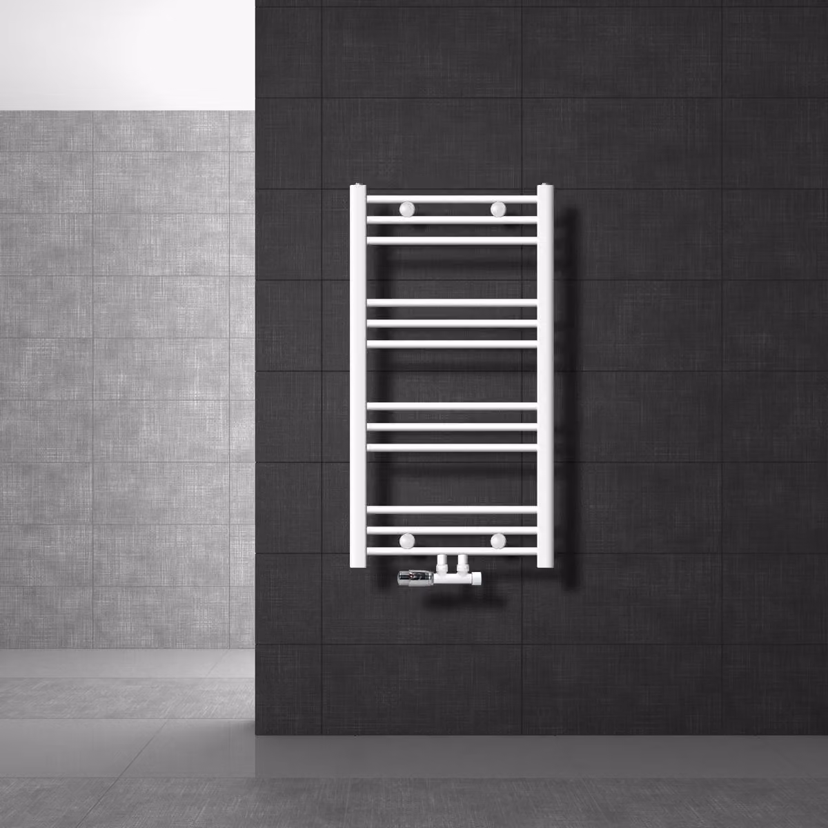 LuxeBath radiatore da bagno attacco centrale 500 x 800 mm bianco dritto con termostato e set di collegamento angolo muro bianco - riscaldamento a radiatori, senza elemento riscaldante