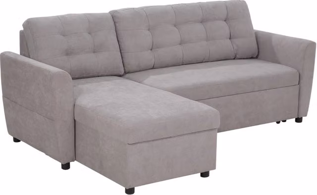 Divano Letto 3 Posti con Chaise Longue Contenitore in Tessuto, 217x134x85cm, Grigio