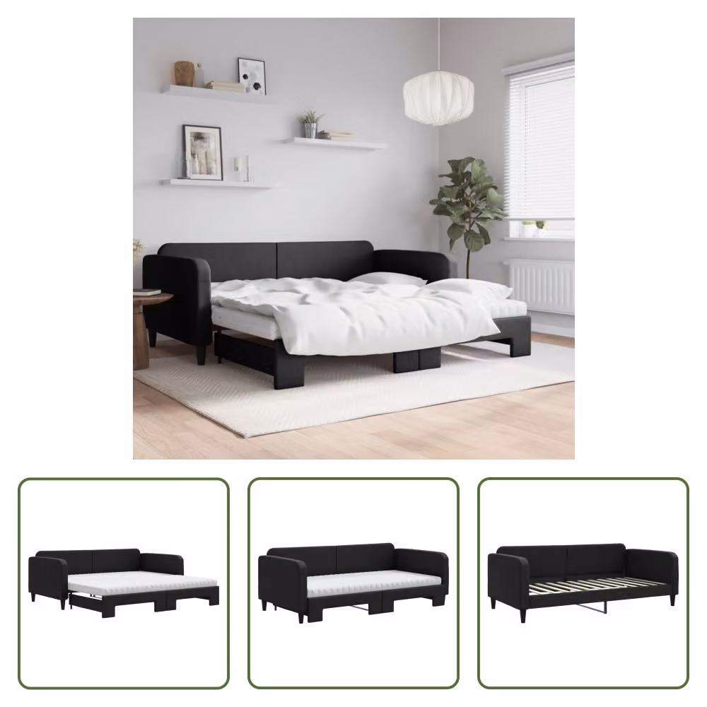 The Living Store Lettino allungabile con materassi nero 100x200 cm in tessuto