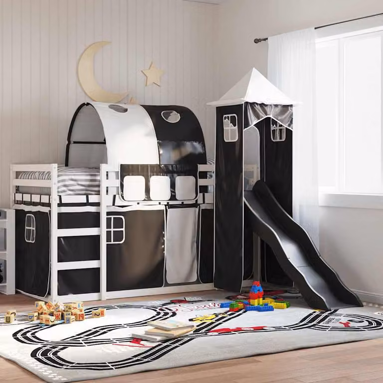 Letto a Castello per Bambini vidaXL in Legno di Pino con Scivolo e Tende Bianco, Nero e Antracite L/P/H: 205.5 x 90 x 113 cm