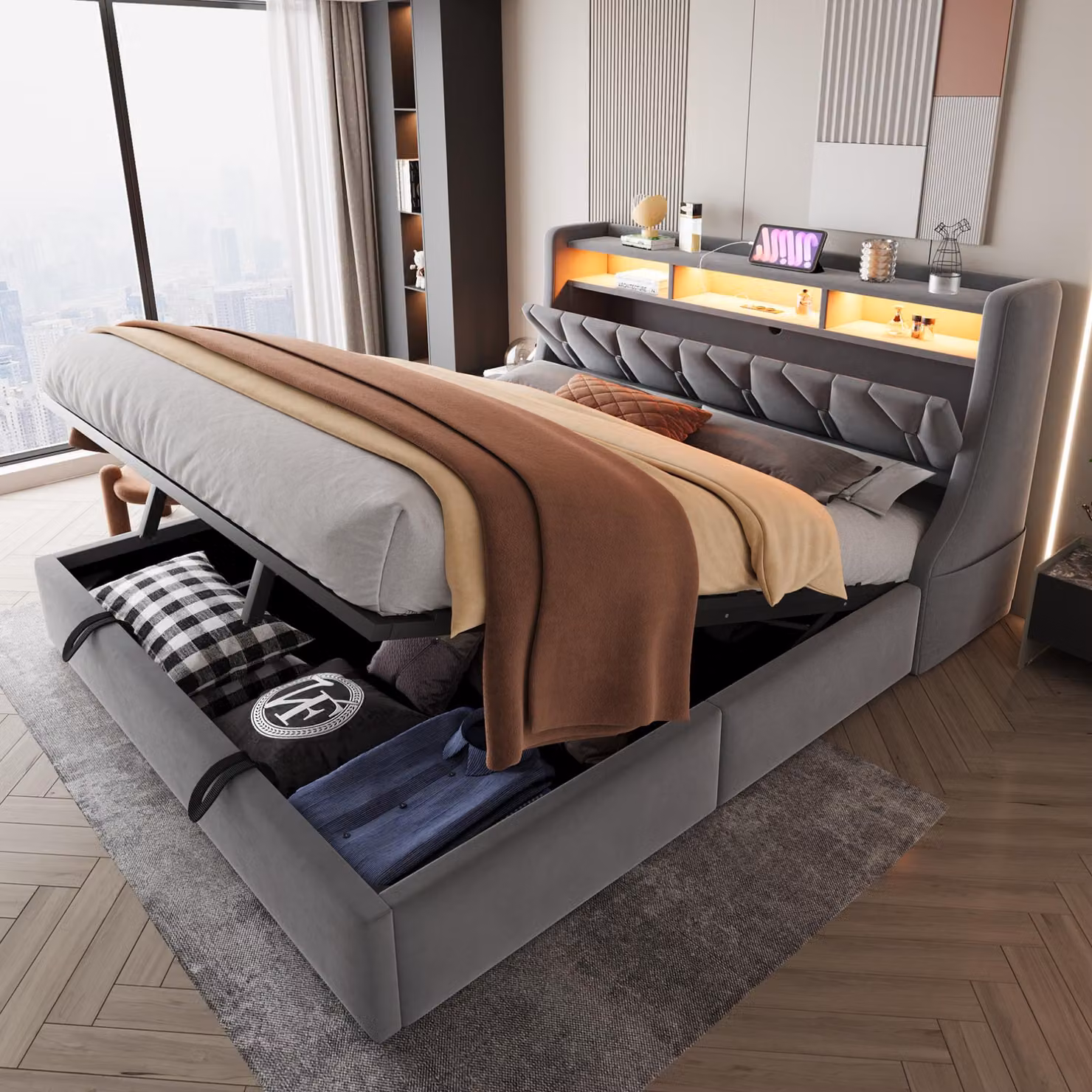 okwish Letto imbottito 180 x 200 con contenitore, Struttura letto idraulica con illuminazione a LED, Letto in legno a scomparsa, Letto matrimoniale con presa e testata, Grigio