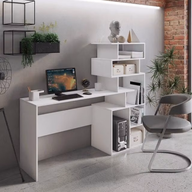 Scrivania Nicolosi per Home Office, Colore Bianco, L 158 cm x P 40 cm x H 135 cm