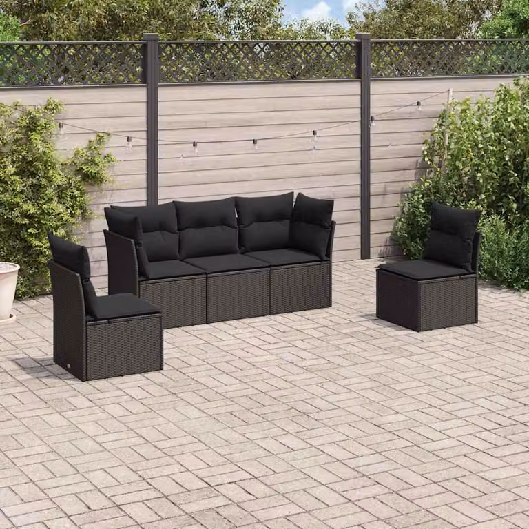 Set di divani da giardino vidaXL a forma di L composto da 5 pezzi con cuscini neri in rattan e struttura in acciaio rivestito in polvere