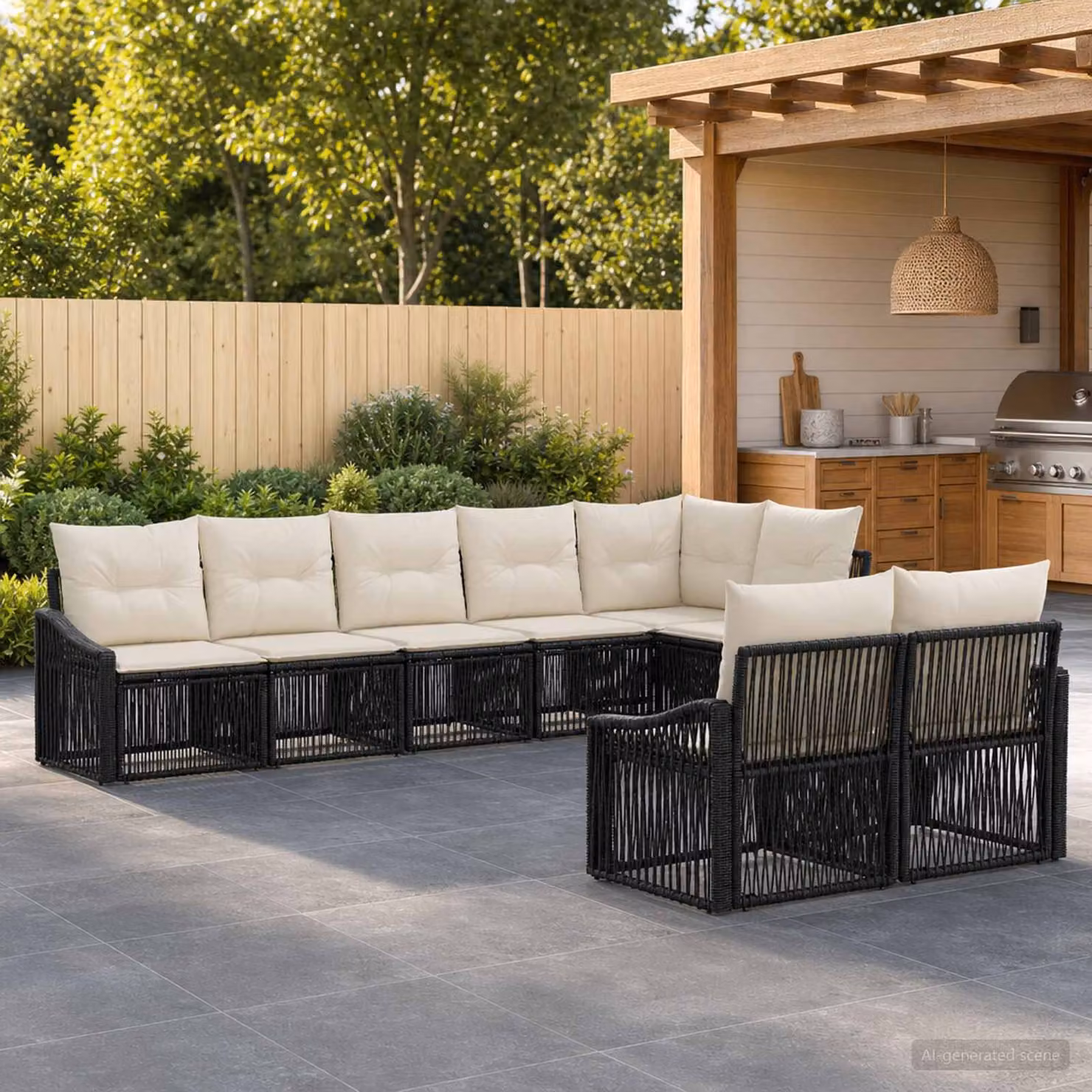 Set Divano da Giardino vidaXL 8 pz Nero con Cuscini e Struttura in Metallo e Polyrattan a Forma a U