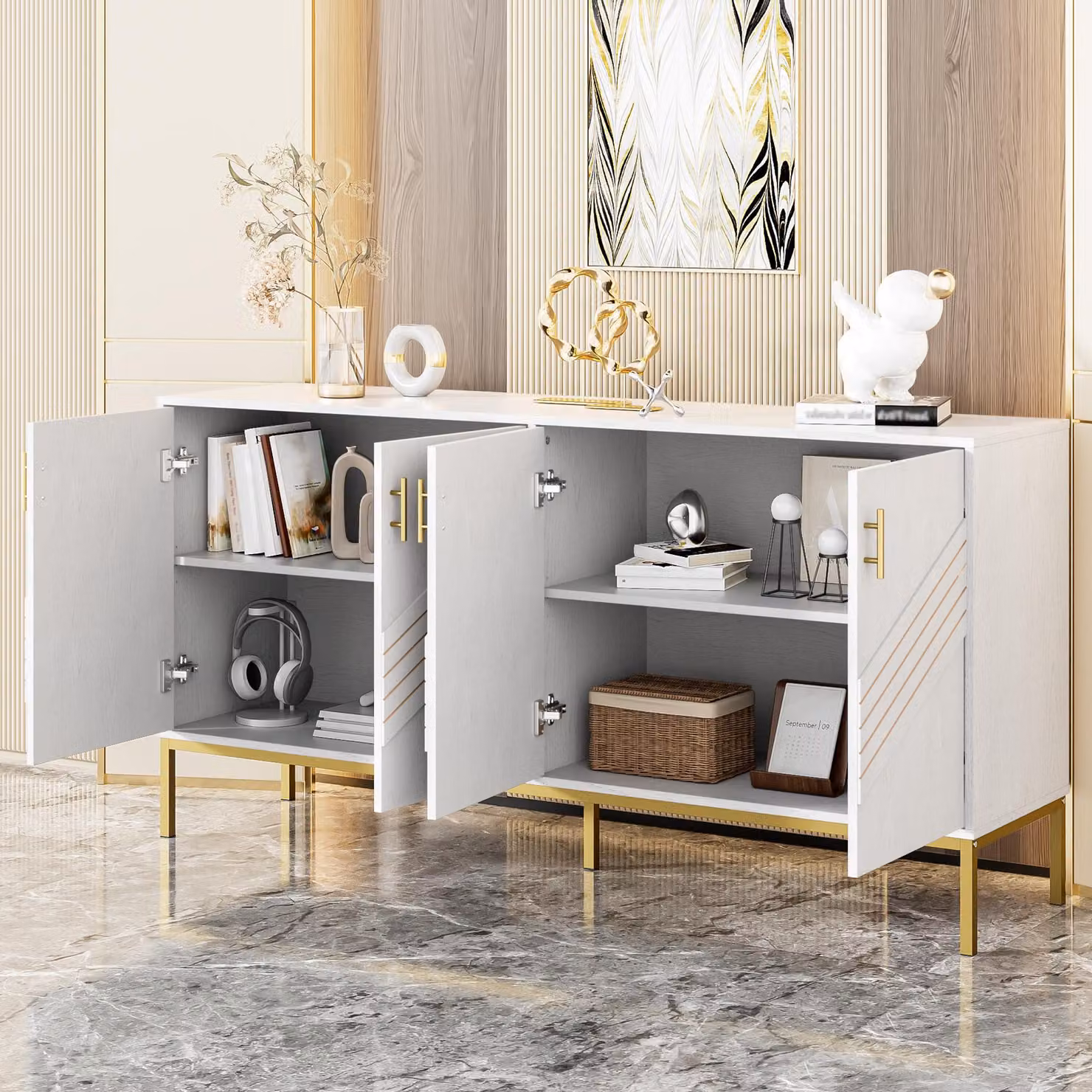 Credenza STILVORA con ampia capienza, mobile ausiliario con ripiani regolabili in altezza e 4 ante, mobile contenitore con gambe in metallo per soggiorno, sala da pranzo e ingresso, bianco