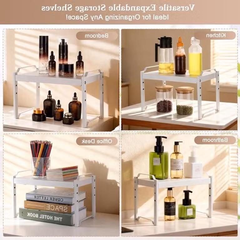 Organizzatore espandibile per scaffali da cucina, da 32 a 53 cm, mensole robuste per armadietti da cucina, regolabili, di colore bianco, con 3 diverse altezze per un efficiente spazio di stoccaggio
