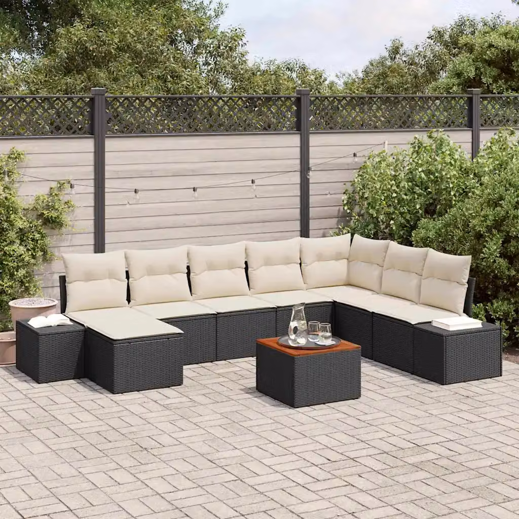 Set Divano da Giardino Moderno vidaXL in Polyrattan Nero con Cuscini e Tavolino da 9 Pezzi – 1