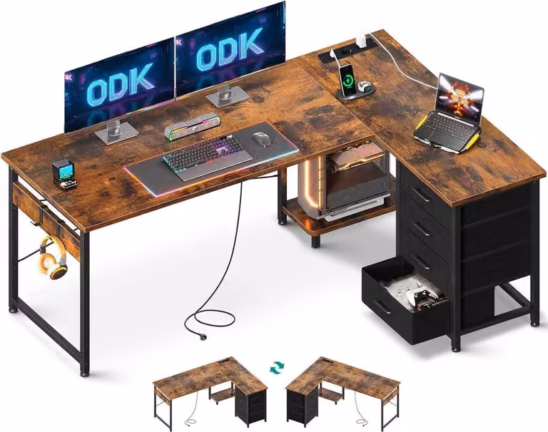 ODK Scrivania angolare a L con cassetti e prese, marrone vintage