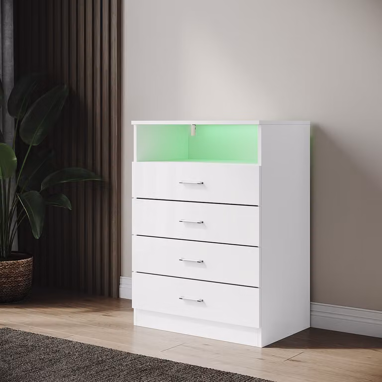 Mobiletto a libera installazione SONNI bianco lucido, con 4 cassetti e divisori a giorno, 60x40x83 cm, con illuminazione LED regolabile, adatto a soggiorno e camera da letto