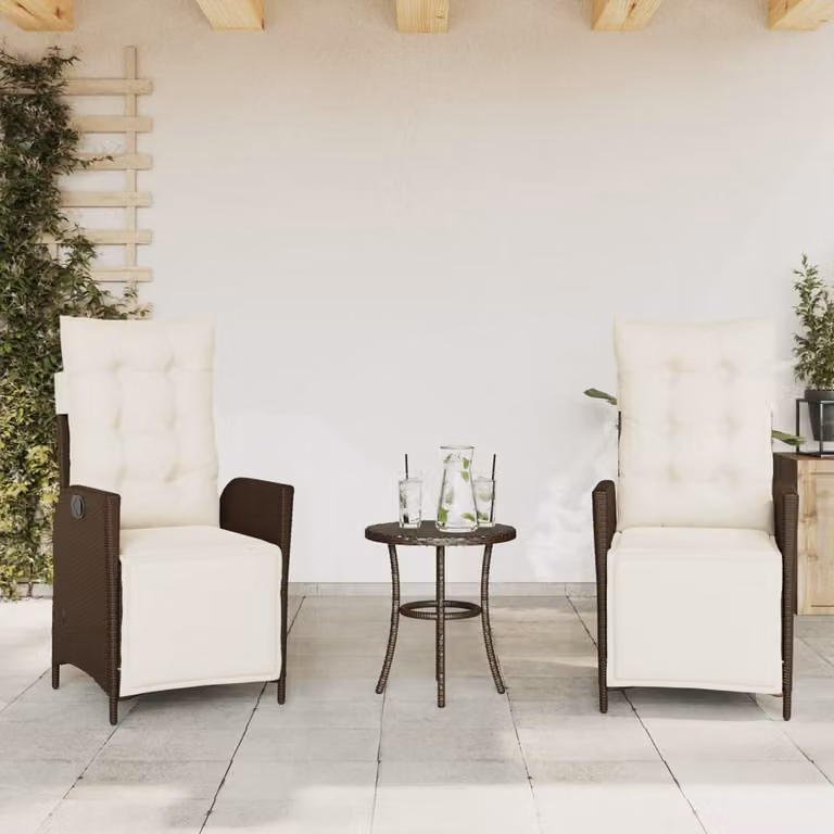 Set di 2 sedie da giardino reclinabili con poggiapiedi vidaXL in polyrattan e metallo, marrone e bianco