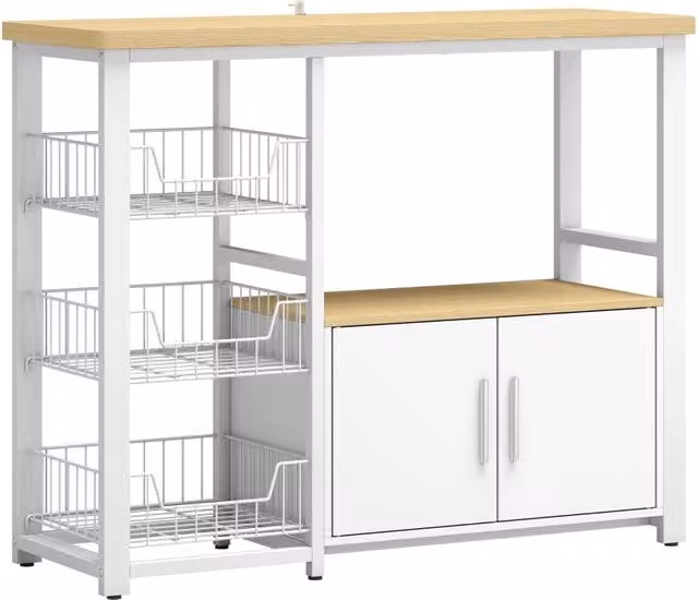 Scaffale da cucina con ripostiglio, 100x35x80 cm, bianco, con 3 cesti e armadio