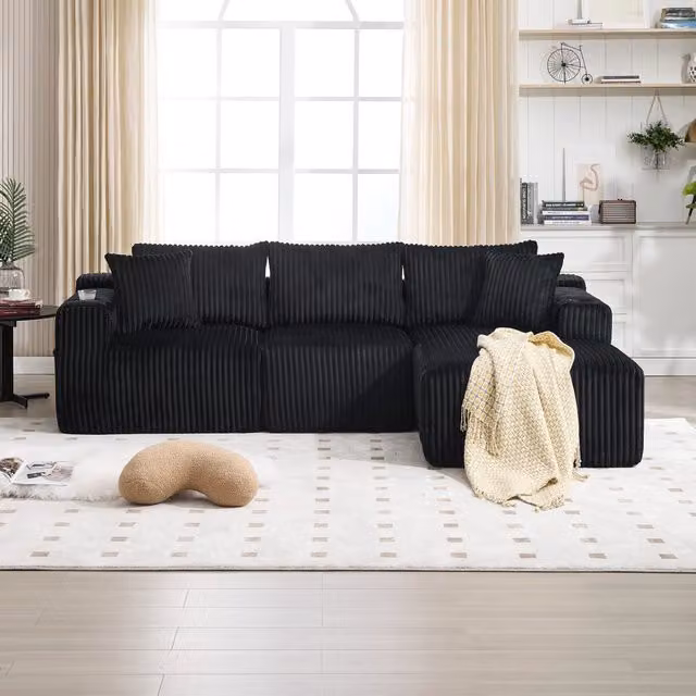 Divano modulare REDOM a L con chaise longue, rivestimento in tessuto a coste nero, ideale per il tuo soggiorno, L/P/H: 257 x 90 x 160 cm (chaise longue 160 x 62 cm) – 1