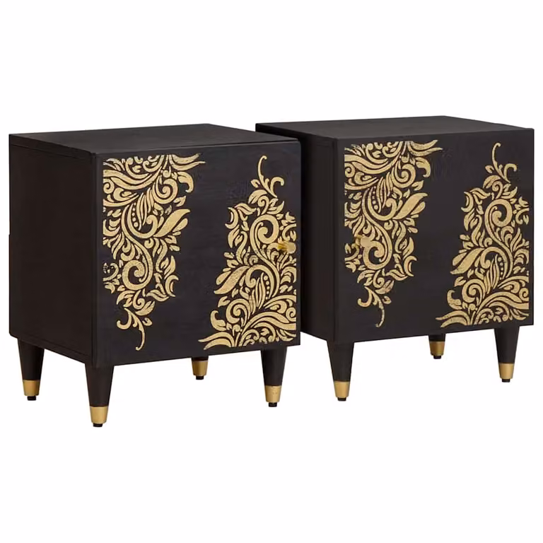 Set di 2 comodini moderni vidaXL con porta in legno di mango e metallo, Nero e Oro, L 40 cm x P 33 cm x H 46 cm