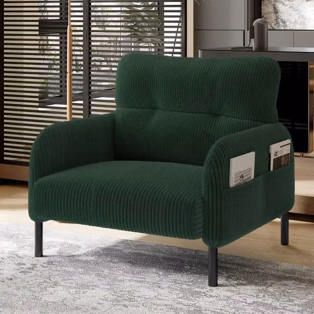 Poltrona relax moderna MIVRAY in velluto a coste verde con struttura in metallo e braccioli