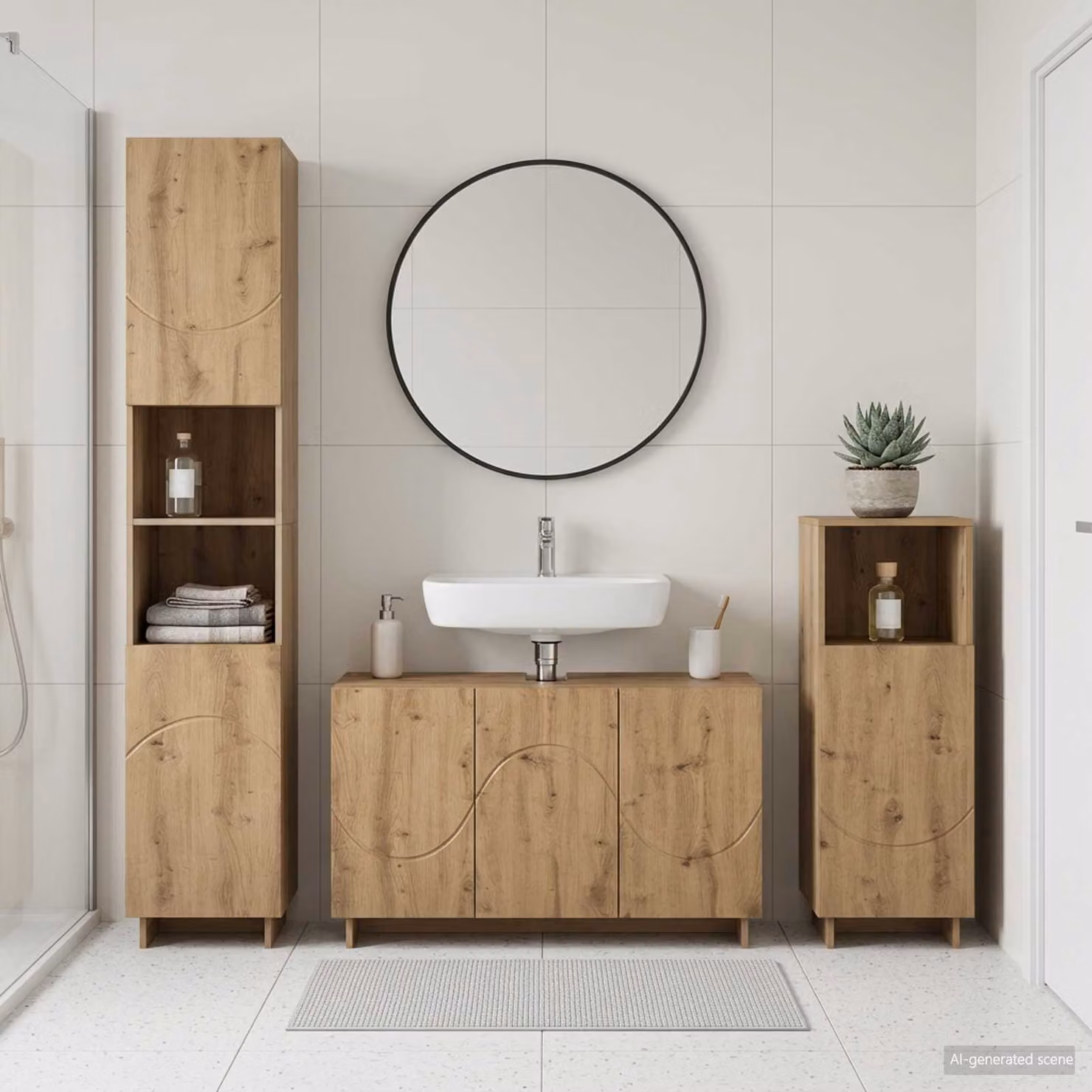 Set di mobili da bagno moderno vidaXL in 3 pezzi color marrone con finitura opaca e legno, composto da mobile lavabo, colonna alta e pensile, L/P/H: 101,0 x 41,0 x 67,39 cm e 58,0 x 20,0 x 41,0 cm