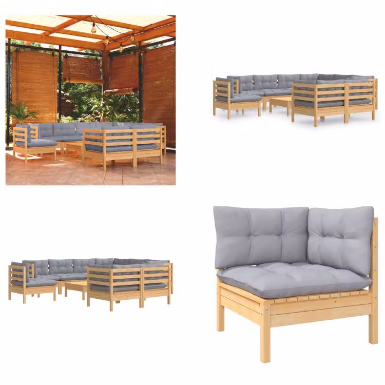 vidaXL Set salotto da giardino 10 pezzi con cuscini grigi in pino massiccio - Set salotto da giardino - Set salotto da giardino - Set mobili da giardino - Set mobili da giardino