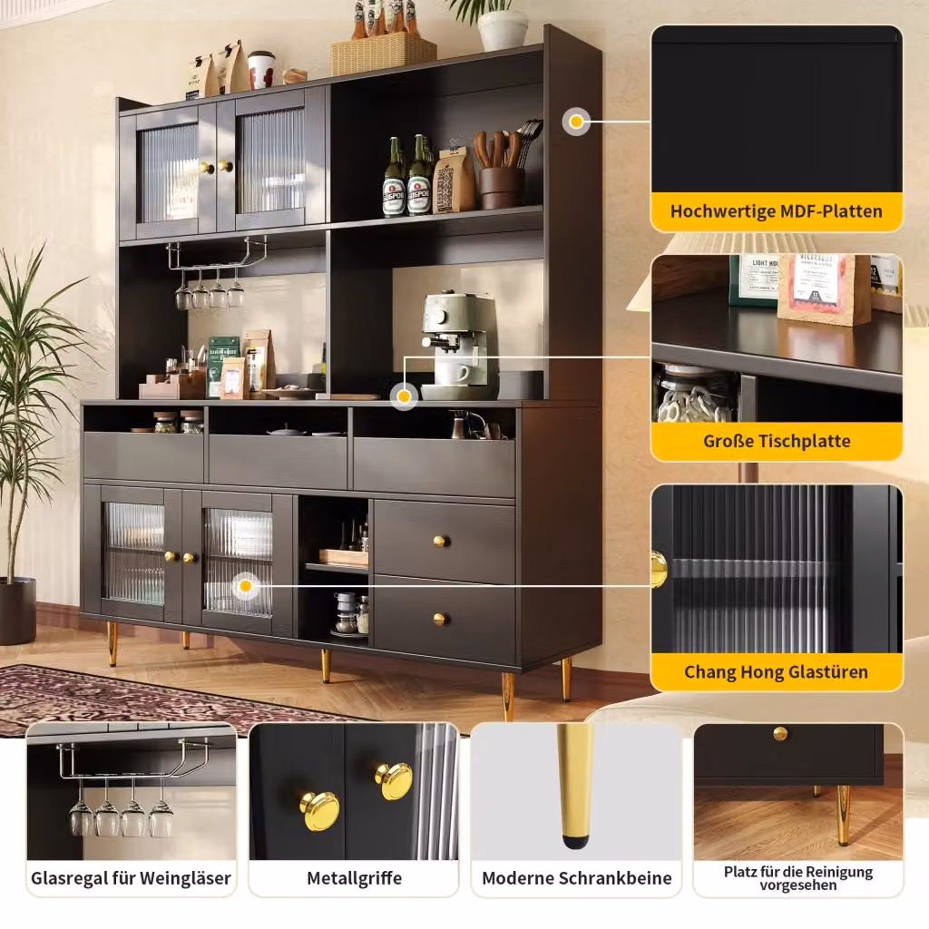 Madia REDOM in MDF Nero Opaco con Ante in Vetro Changhong H 171 x L 145 x P 39 cm – 2