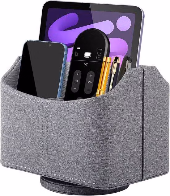 Comodino multifunzionale in Finto cuoio con 5 scomparti, vano porta telecomandi girevole a 360 gradi, vano porta telecomandi per ufficio, scrivania, porta penne, grigio