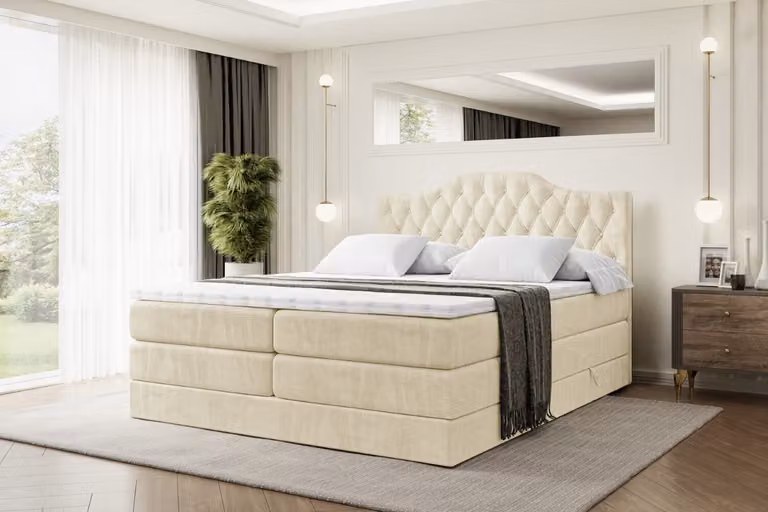 Letto boxspring ALTDECOR con 2 materassi e topper - 120x200 cm - VILA-1 KING - Velluto beige - Letto imbottito con materassi H3 e H4, contenitore e rete a doghe, letto con spazio contenitivo