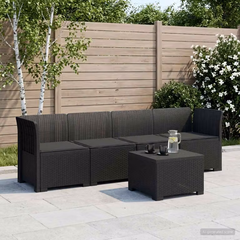Set da giardino vidaXL moderno composto da divano da esterno a 3 posti, elemento angolare e tavolino da caffè, colore antracite, con cuscini inclusi e rivestimenti rimovibili