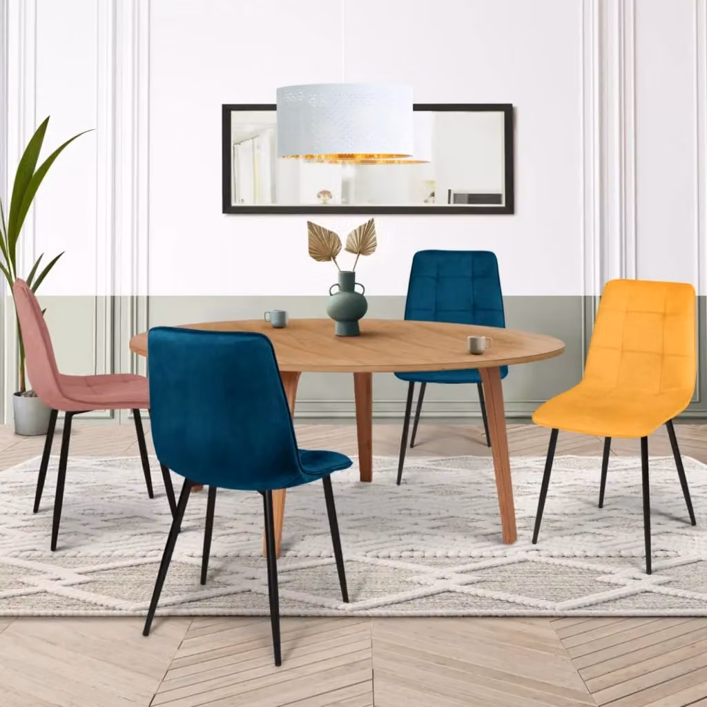 Set di 4 sedie MILA IDMarket in velluto per sala da pranzo e cucina, colori blu, giallo ocra e rosa – 2