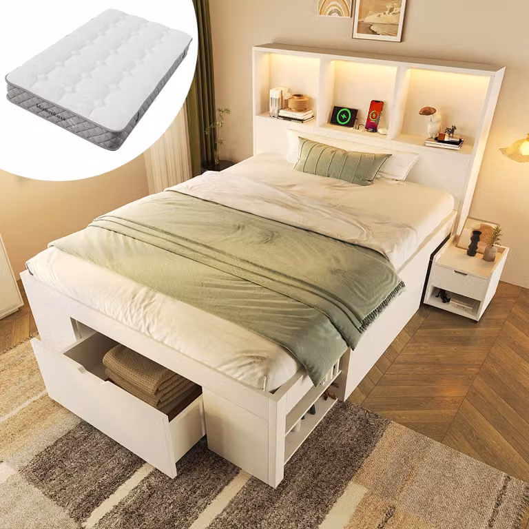 Letto multifunzionale 90x200 cm con materasso H3 a 7 zone, dotato di luci LED, porta USB-C, spazio contenitivo e comodino mobile, comprensivo di rete a doghe, colore bianco