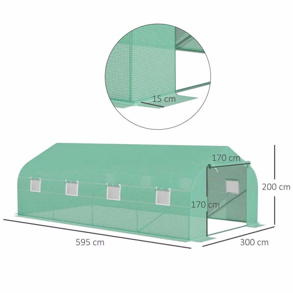 Serra da giardino con tetto a doppia falda e copertura protettiva verde in acciaio zincato e plastica, L: 595 cm, P: 300 cm, H: 200 cm – 2