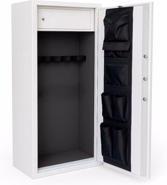 Armadio Blindato Portafucili in Acciaio con Serratura Digitale e Chiave, 10 Posti, Bianco Frassinato, H 148 cm x L 53.5 cm x P 32 cm