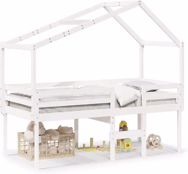 Letto a soppalco con struttura a casetta in legno massello di pino bianco, dimensioni L/P/H: 90 x 200 x 144,5 cm – 1