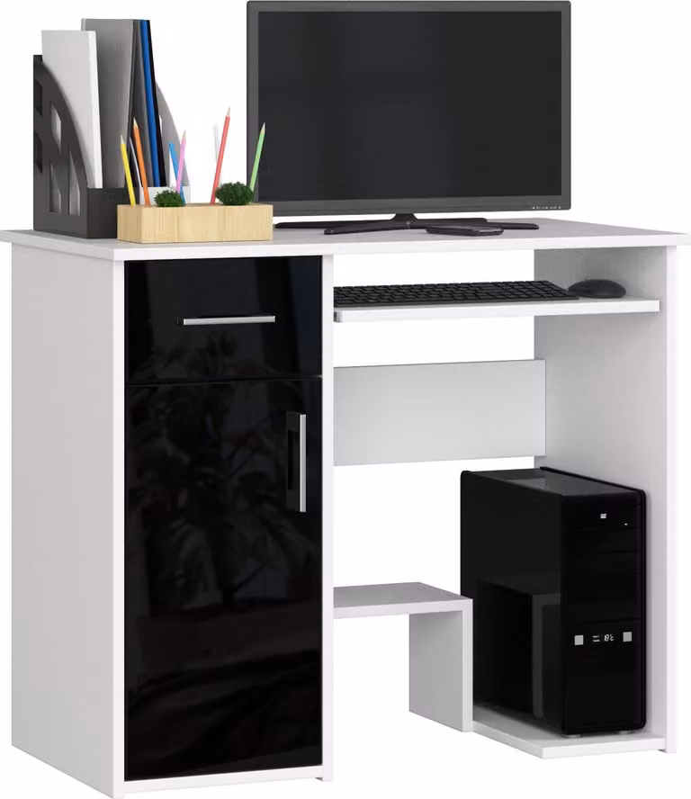 Scrivania da 90 cm con ripiano per tastiera, 1 cassetto e 1 anta; scrivania per computer, tavolo da lavoro