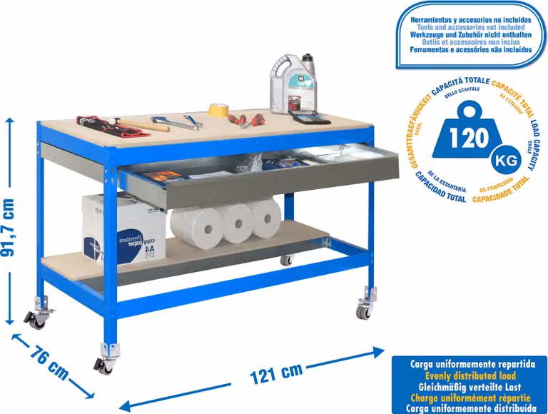 Tavolo da lavoro e assemblaggio in metallo senza parafusibili SIMONWORK MOBILE BT0 BOX 1200 BLU/LEGNO