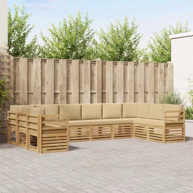 Set di divani da esterno vidaXL a forma di L composto da 10 pezzi in legno di acacia con cuscini bianchi e beige – 1