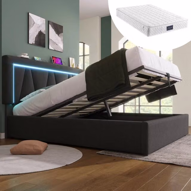 Letto matrimoniale contenitore 160 x 200 cm con materasso, LED e ricarica USB-C