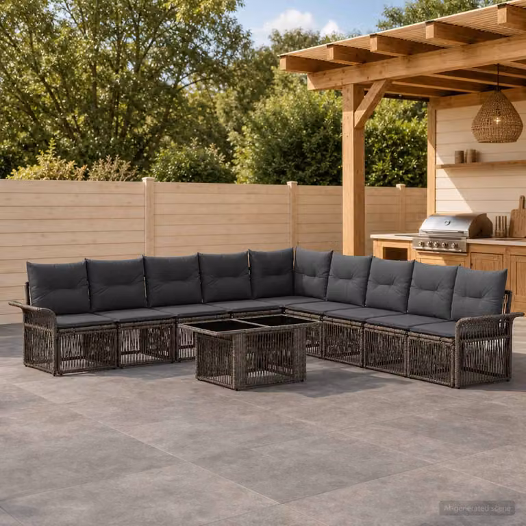 Set Divano da Giardino vidaXL 10 Pezzi in Polyrattan Grigio e Antracite con Cuscini e Tavolino da Esterno