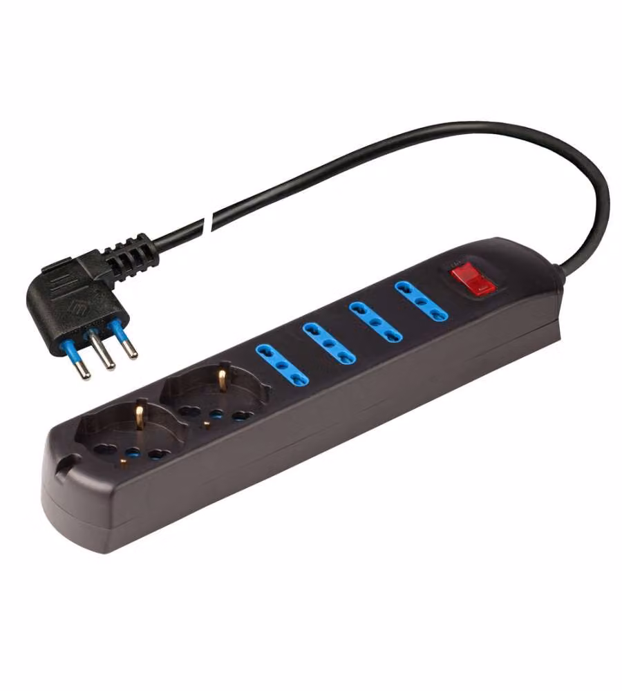 Presa multipla 250V - 4 prese grandi + 2 pluristandard - 1,5 metri Nero
