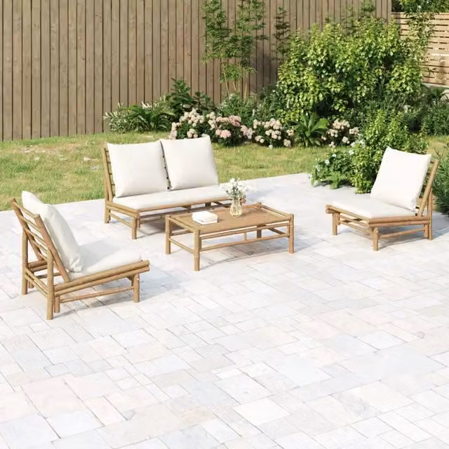 Set Salotto da Giardino 4pz con Cuscini Bianco Crema in Bambù 3156481