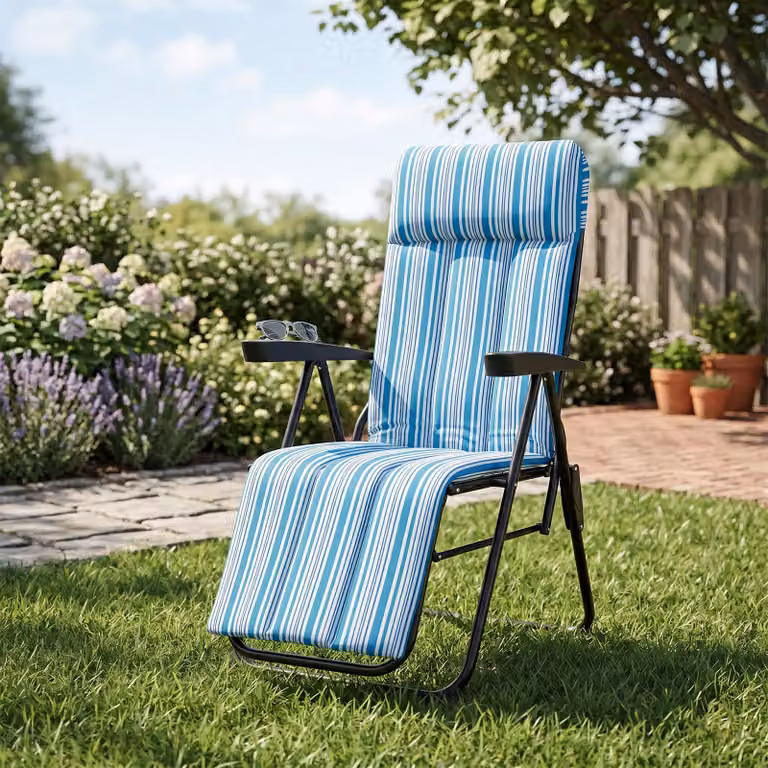 Sedia a sdraio reclinabile da giardino Costway con cuscino morbido, braccioli curvi e poggiatesta regolabile, lettino prendisole pieghevole blu a righe in acciaio verniciato a polvere