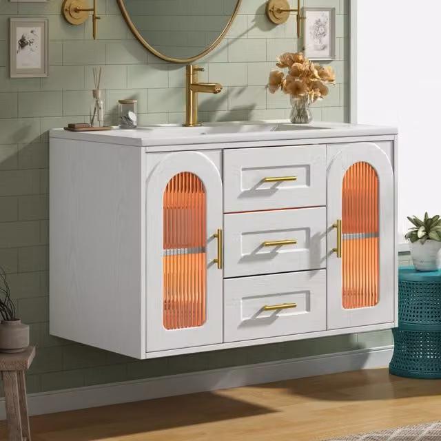 Mobile bagno sospeso Vovees Living con lavabo, 2 cassetti, ante in vetro e illuminazione LED, bianco venato, L: 76 cm, P: 46 cm, H: 55 cm